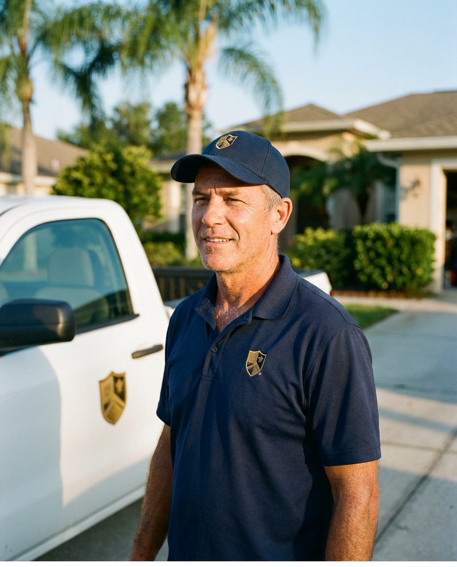 A Knights on Dooty crew member in a navy cap and polo, both with a gold shield crest, standing beside a branded service pickup in a Deltona driveway in warm evening light.