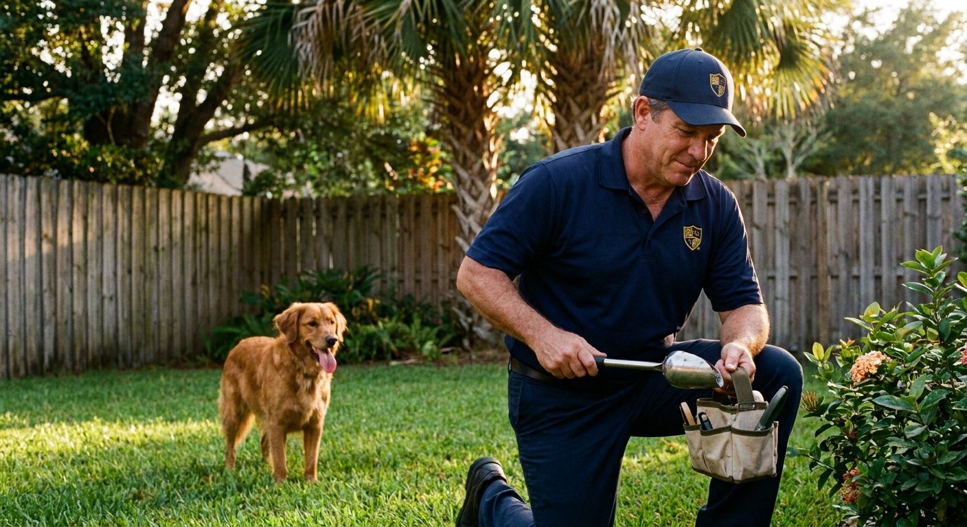 A Knights on Dooty technician in a navy uniform kneeling in a Florida backyard with a waste-collection tool, a golden retriever standing nearby in the grass at golden hour.