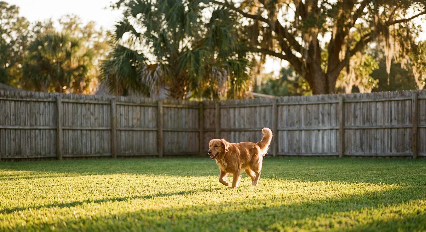 A golden retriever running across a freshly cleared, sunlit backyard lawn along a wooden fence line &mdash; the yard after a patrol.